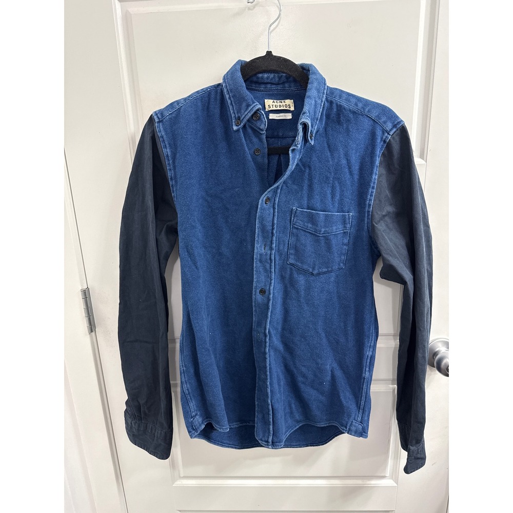 Acne Studios Two-Tone Denim Shirt Blue Black Classic Fit 46 Cotton Button Up